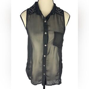 Poetry Women’s Black Sleeveless Button-Up Sheer Top W/ Silver Stud Collar Size:M